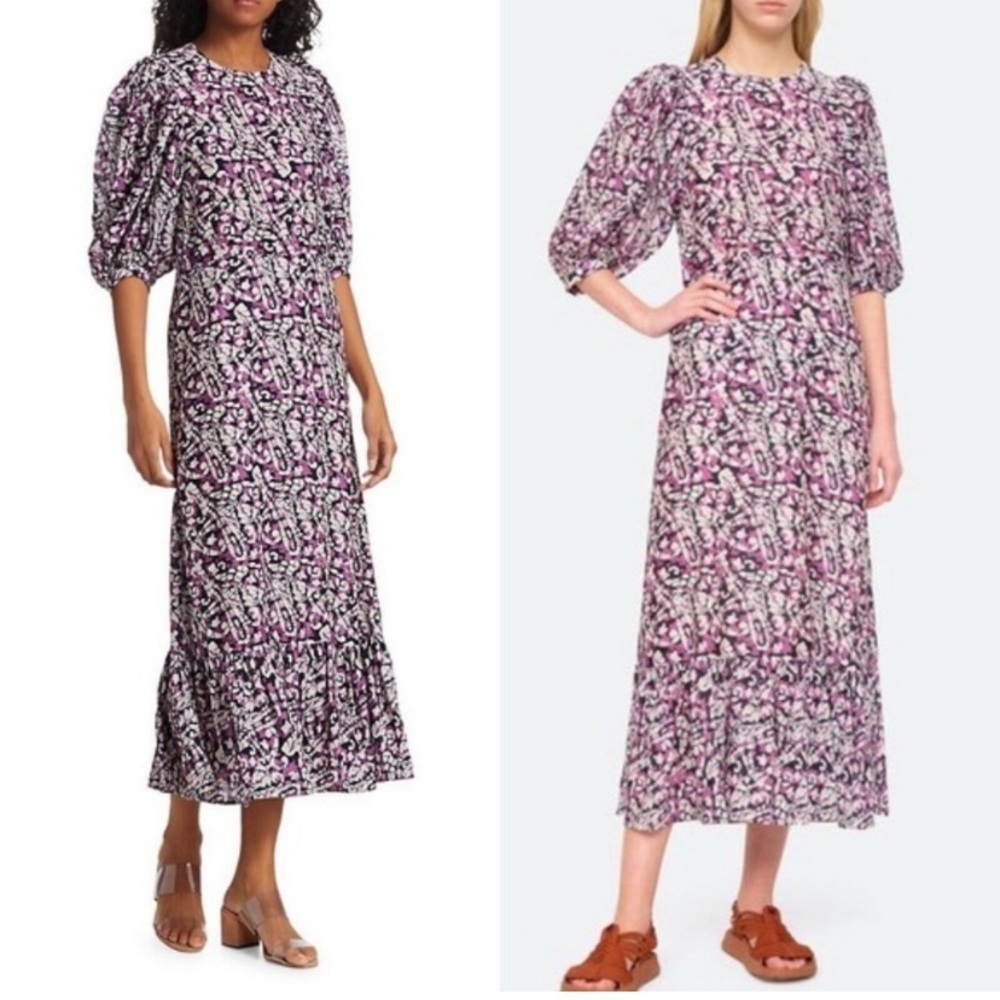 SEA NEW YORK Borealis Midi Dress Cotton Silk Puff Short Sleeve Ruffle Sz 2 NEW